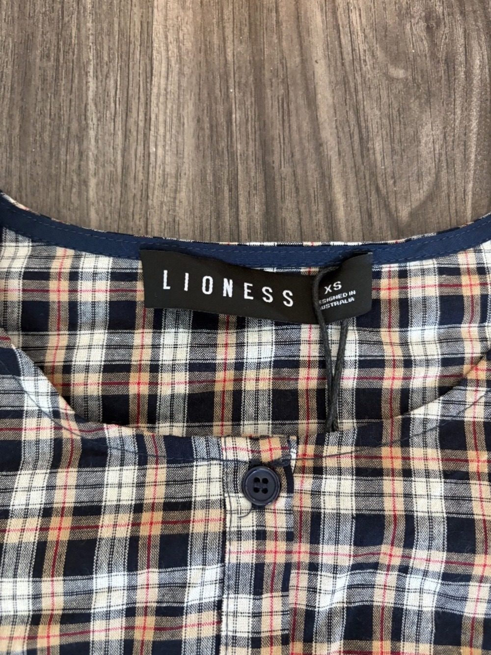 NEW LIONESS BARDOT TOP Beige and Tan Plaid Puff Sleeve Button and Tie Detail  XS - Picture 9 of 9